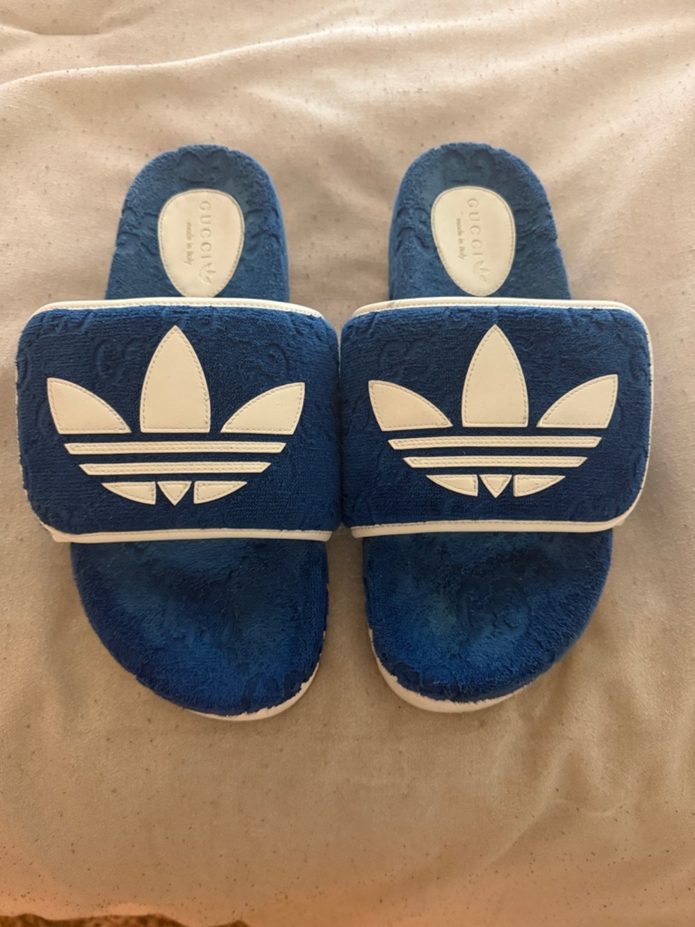 GUCCI adidas Blue Plush Slide Sandals with White Trefoil Accents